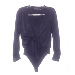 Black silk bodysuit with lace detailing